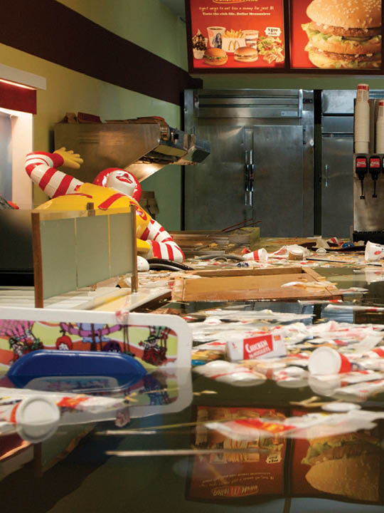 SUPERFLEX Denmark  b.est. 1993 Flooded McDonalds 2009 RED video installation: colour, sound, 20 minutes, 16:9 ed. 3/5 400 x 700cm (variable) Acc. 2010.010 Purchased 2010 with funds from Tim Fairfax, AM, through the Queensland Art Gallery Foundation