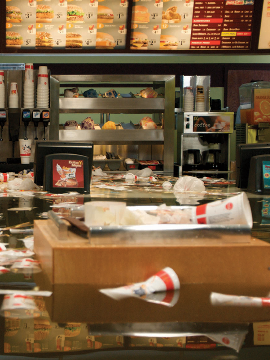 SUPERFLEX Denmark  b.est. 1993 Flooded McDonalds 2009 RED video installation: colour, sound, 20 minutes, 16:9 ed. 3/5 400 x 700cm (variable) Acc. 2010.010 Purchased 2010 with funds from Tim Fairfax, AM, through the Queensland Art Gallery Foundation