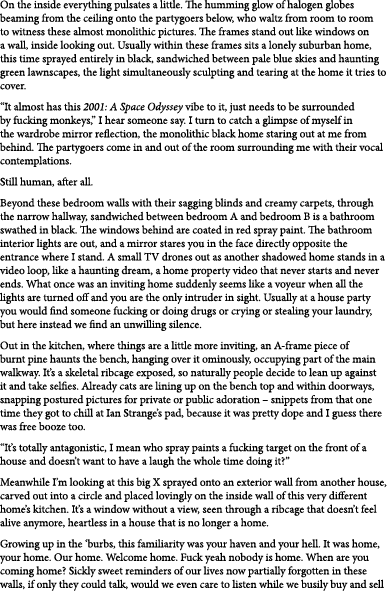 On the inside everything pulsates a little. The humming glow of halogen globes beaming from the ceiling onto the part...