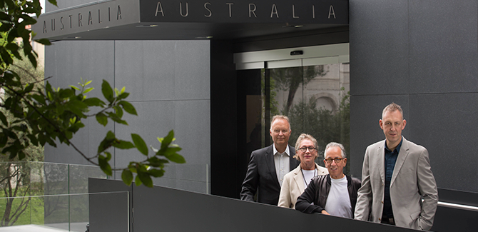 Simon Mordant AM 2015 Commissioner for Australia (white shirt), Tony Grybowski, CEO, Australia Council (grey suit), Catriona Mordant and Rupert Myer AM, Chair of the Australia Council (black suit jacket). Photographer Angus Mordant.