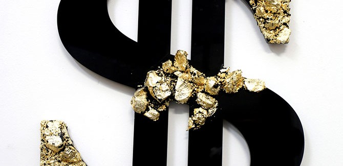 Louis Pratt, DOLLAR 2015, coal, resin, gold leaf and perspex \ 57x36x5cm. Black Gold, Nanda Hobbs, Level 1, 66 King Street Sydney (NSW), 3 – 18 December 2015.