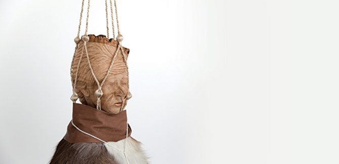 Wanda Gillespie, Seeker 1 (Fuyuko) 2016, woodcarving (ash), paint, fur, fabric, leather, string, 140 x 40 x 40cm. Image courtesy of the artist. I Was Here, Fremantle Arts Centre, 1 Finnerty Street, Fremantle (WA), 22 July — 16 September 2017
