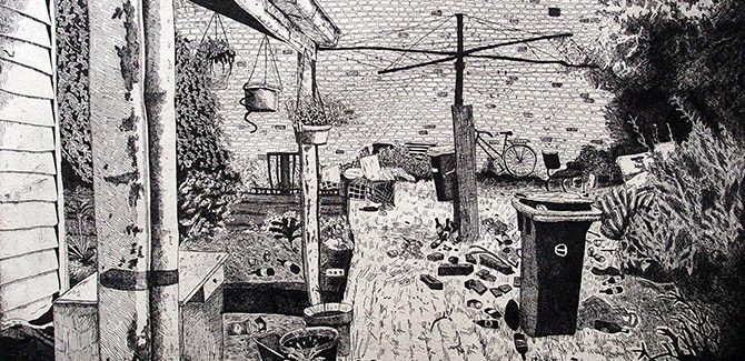 Carolyn Hawkins, Trashed 2015, etching; edition 3/8. Reproduced courtesy of the artist. 2017. Geelong acquisitive print awards, Geelong Gallery, 55 Little Malop Street, Geelong (VIC), 14 August – 8 October 2017